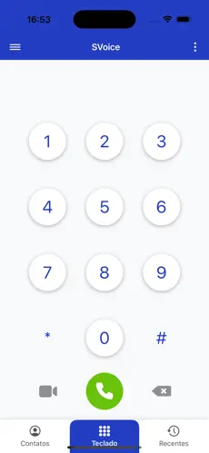 Teclado do aplicativo SVoice no celular, com acesso a contatos e chamadas recentes